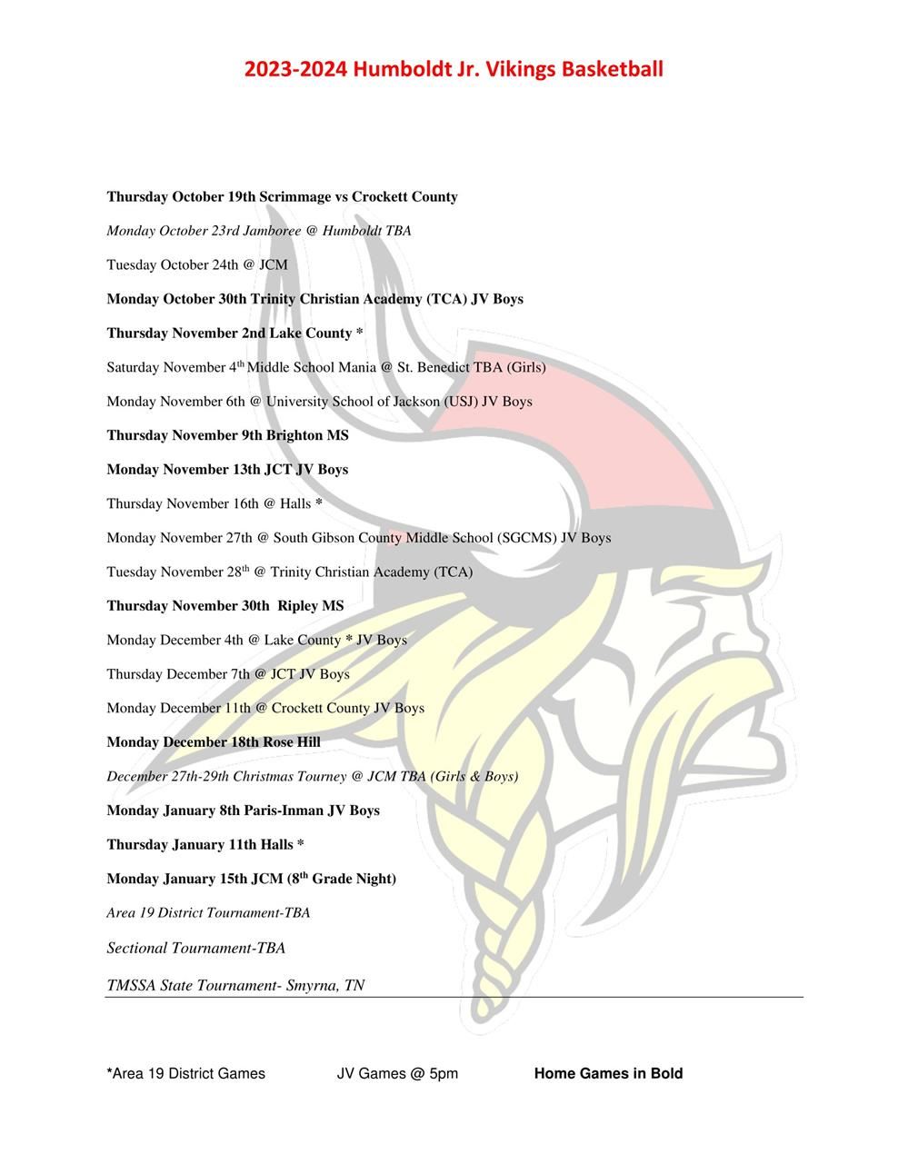 2023/24 Jr. High Basketball Schedule